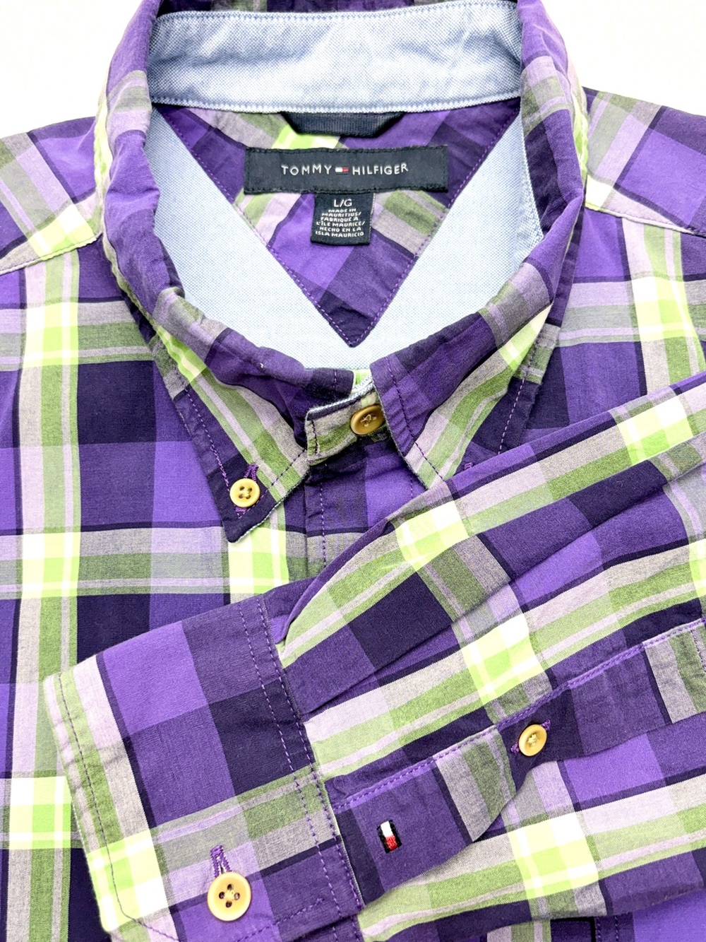 Tommy Hilfiger Plaid Button Down Shirt Men’s L Purple Green Cotton EUC